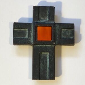 Solid Brass or Bronze Metal Cross with Glass Tile, 3.5"